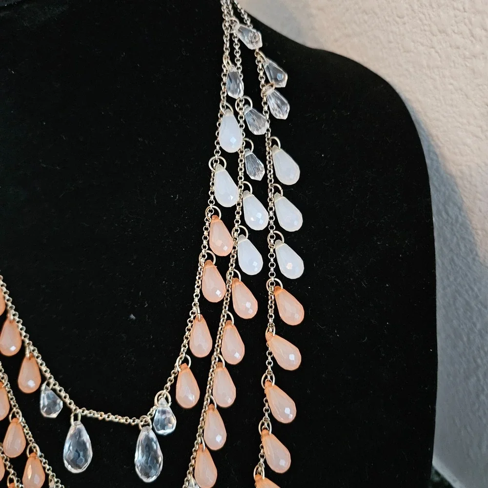 Multi Strand Dangle‎ Bib Necklace Goldtone Peach, Clear, & milk acrylicBeads